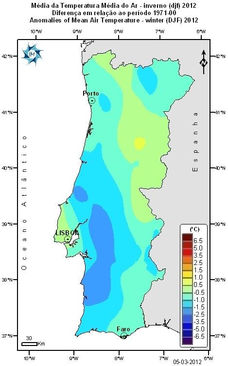 Os valores médios da temperatura média neste inverno variaram entre 4.31 C, em Carrazeda de Ansiães e 12.03 C em Cabo Carvoeiro.