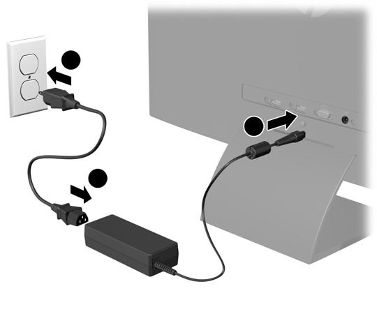 3. Ligue a extremidade redonda do cabo de alimentação ao monitor e, de seguida, ligue uma extremidade do cabo de alimentação à fonte de alimentação, e a outra extremidade a uma tomada elétrica com