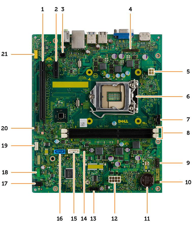 Componentes da placa de sistema A imagem a seguir exibe o layout da placa de sistema. 1. conector PCI Express x16 2. conector PCI Express x1 3. conector do sensor de violação 4.