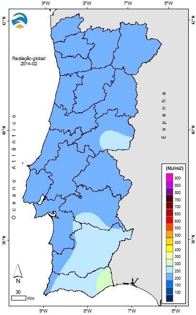 RADIAÇÃO Na Figura 7 apresenta-se a distribuição espacial dos valores da radiação solar global mensal em fevereiro.
