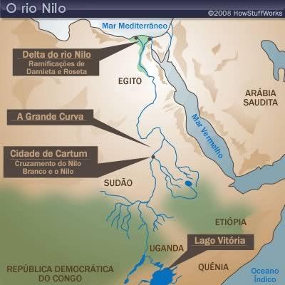 REGIÃO HIDROGRÁFICA DO RIO NILO: O rio Nilo é o maior rio do continente africano e o 2º mais longo do mundo. Nasce ao sul da linha do Equador e deságua no Mar Mediterrâneo.