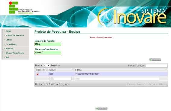 9) Será mostrada a tela com a mensagem de sucesso e a lista com os integrantes da coorientação.