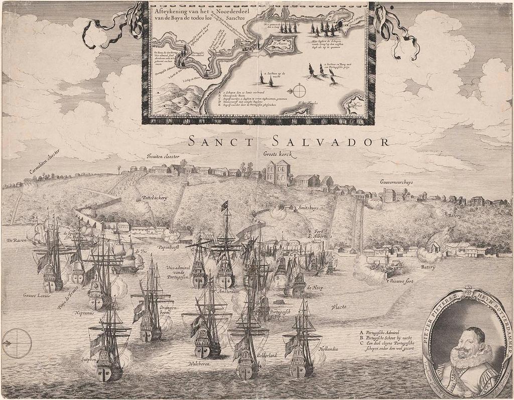 Figura 4: Mapa do ataque holandês à frota do açucar no porto de Salvador em 1627, confeccionado por Hessel Gerritsz (Acervo digital Observabaía).