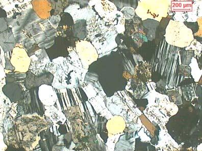 65 Transformações minerais: Fraca alteração mineral, praticamente restrita aos cristais de plagioclásio e a algumas lamelas de biotita.