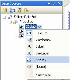 Como resultado do passo anterior, além dos objectos TextBox e Label, criados para cada coluna da tabela, foram também criados os objectos EditoraDataSet, ProdutosTableAdapter, ProdutosBindingSource e