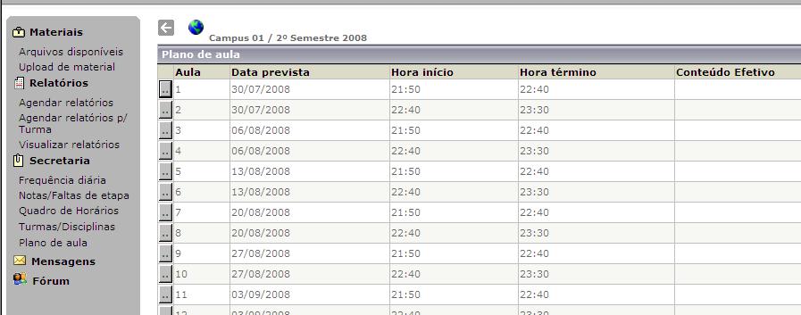 Plano de Aulas Figuras 13, 14 É a opção onde os professores irão informar o conteúdo lecionado diariamente para os alunos.