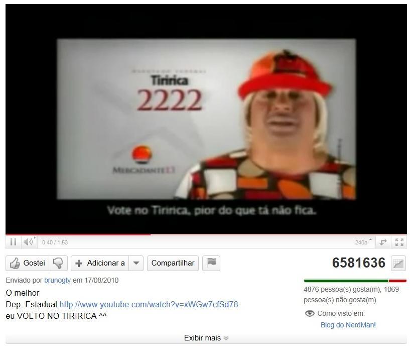 Figura2. Trecho do vídeo de Campanha Eleitoral do candidato Tiririca. Momento em que o candidato profere seu slogan. Figura3.