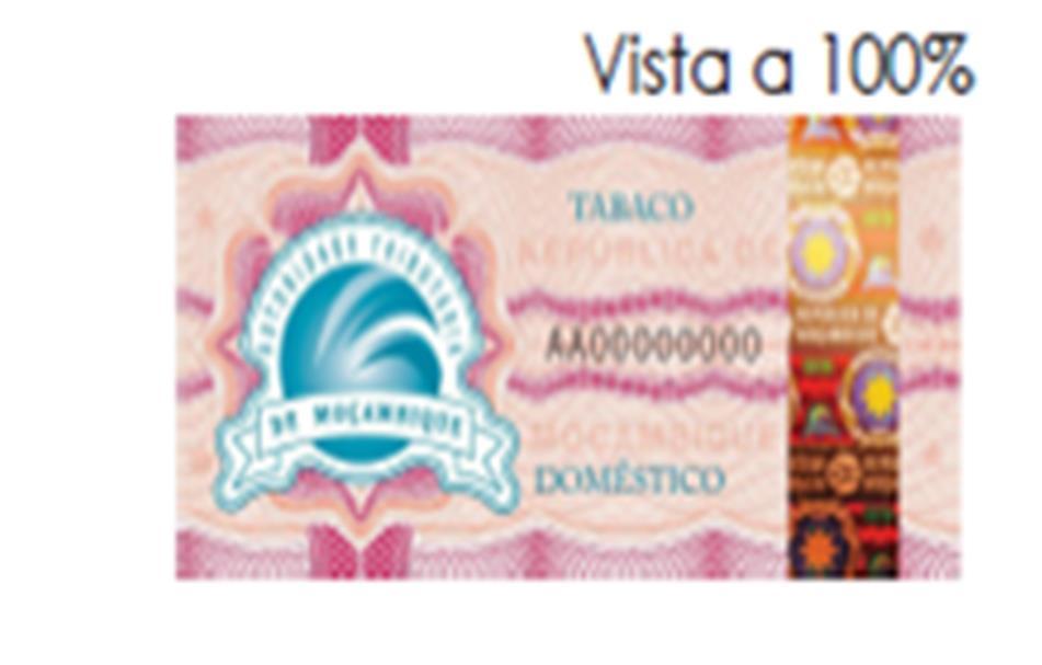 4. Denotam-se palavras simuladas no fundo onde se lê REPÚBLICA DE MOÇAMBIQUE". 5. Prefixo com 2 letras maiúsculas seguidas de um número de série de 8 dígitos. 6. As palavras TABACO e IMPORTADO. 7.