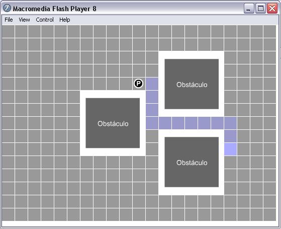 7 Cena teste Astar, parte 3 Fig. 8 Cena teste Astar, parte 4 O quadrado em vermelho da Fig. 5 trata-se da posição desejada pelo usuário e selecionada através do mouse. O traçado em azul na Fig.