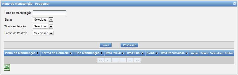 Como explicado anteriormente, na tela de Identificação Plano de Manutenção, as operações básicas são as mesmas: Criar um novo registro (botão Novo) ou Pesquisar um registro (botão Pesquisar).