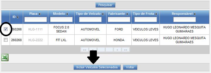 botão Incluir Veículos Selecionados, para incluir o veículo previamente selecionado.