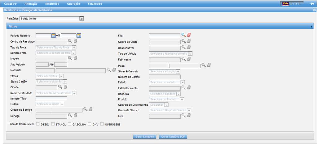 Relatório: Selecione o Relatório a ser Gerado; Período Relatório: Data