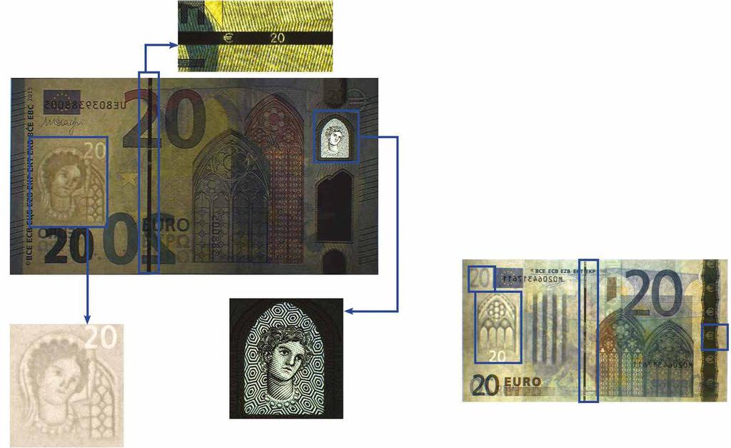 seguintes elementos: marcas de água; filete de segurança; símbolo euro a