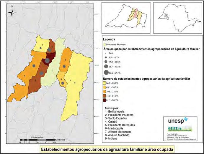 221 Mapa 4 Estabelecimentos agropecuários da agricultura familiar e área ocupada nos oito municípios pesquisados no EDR de Presidente Prudente/SP (2010) - (%) Em Martinópolis, a situação diverge.