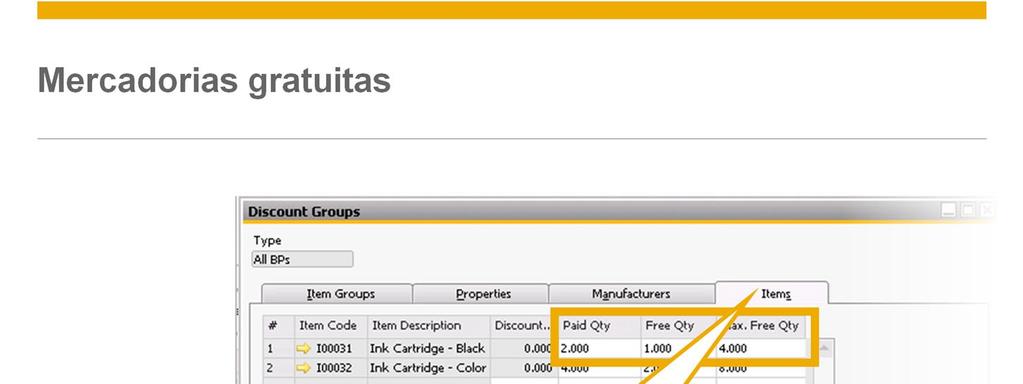 Para configurar um desconto variável de acordo com a quantidade comprada: Especifique a quantidade paga na primeira coluna.