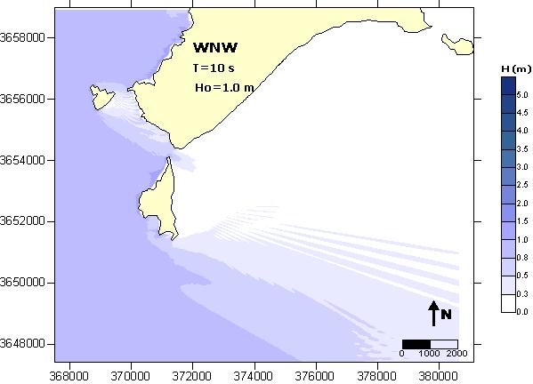 da agitação desde o largo até à batimétrica - m (ZH) (valores máximos do índice de agitação sobre a batimétrica - m (ZH) inferiores a.9 em todas as zonas da praia).