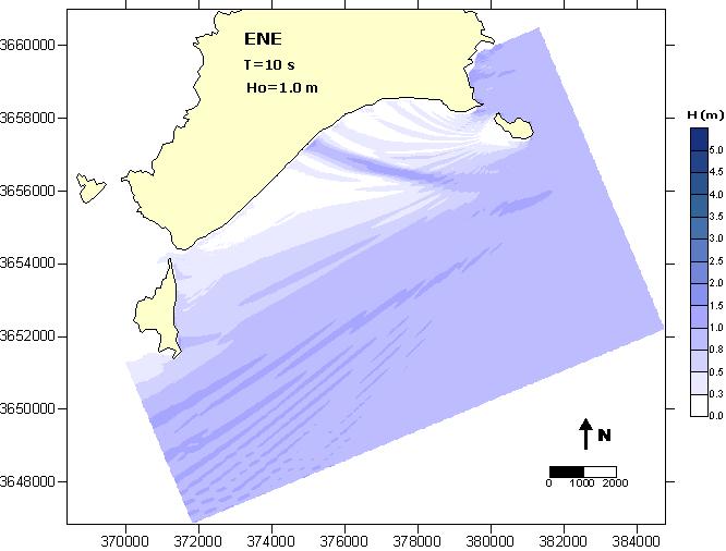 No entanto, na zona II ocorre uma concentração de energia, que é mais evidente para o período de s, devido às características da batimetria na zona próxima e a sudoeste do ilhéu de Cima, semelhante à