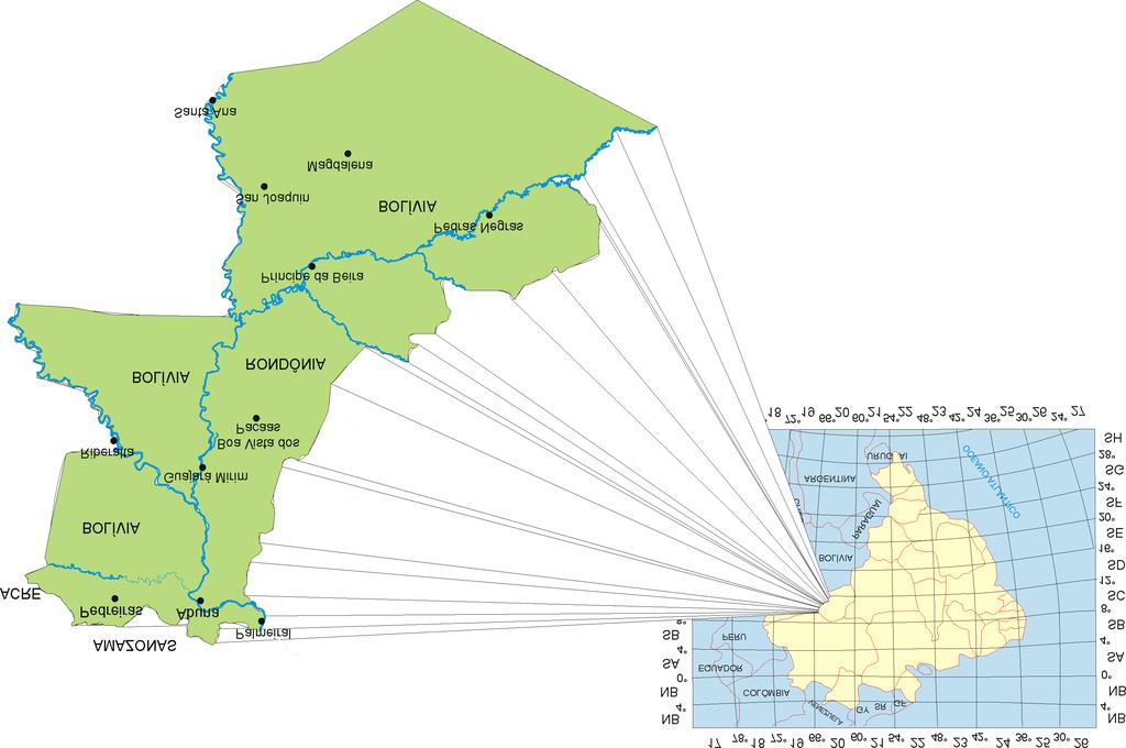 Figura 1- Localização geográfica da região fronteiriça Brasil-Bolívia. Tabela 1- Estações pluviométricas selecionadas para o estudo.