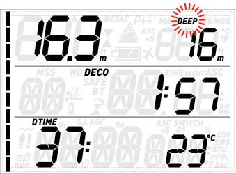 profundidade visualizada), a própria parada profunda será mostrada no canto superior direito com a designação DEEP piscando, em que aparece uma contagem decrescente para indicar o andamento da parada.