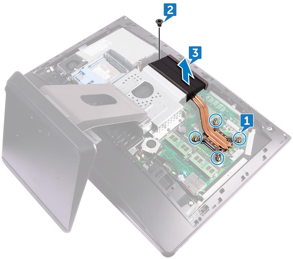 a b c Tampa do compartimento do dongle USB tampa posterior protecção da placa de sistema 3 Por ordem sequencial (indicada no dissipador de calor), desaperte os parafusos integrados que fixam o