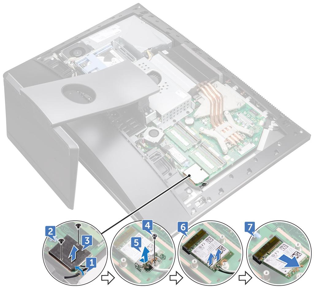 Placa WLAN Remover a placa de rede sem fios 1 Remover: a Tampa do compartimento do dongle USB b tampa posterior c protecção da placa de sistema 2 Remova os cabos da antena do gancho de fixação [1].