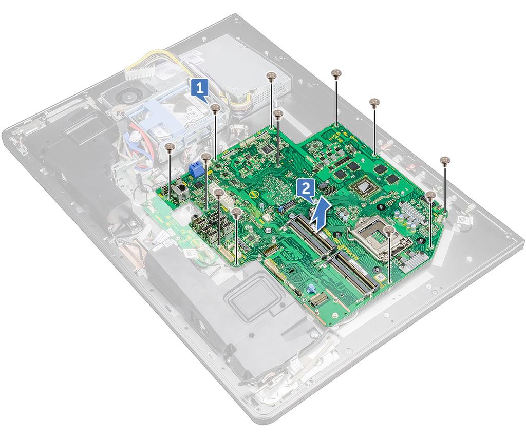 Instalar a placa de sistema 1 Alinhe os orifícios dos parafusos na placa-mãe com os orifícios dos parafusos na armação intermédia.