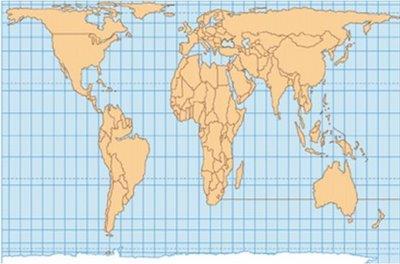 Projeção de Peters: Alterou as formas em para manter as reais proporções dos continentes.