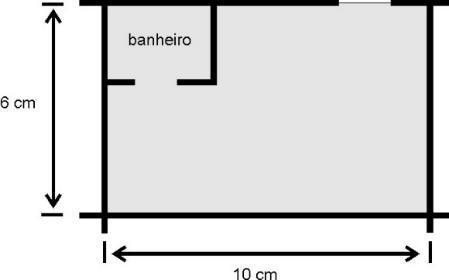 4) As medidas indicadas na figura referem-se ao desenho que representa um dormitório retangular, incluindo um banheiro, de uma casa. Se a escala do desenho é de :45, qual é a área real desse cômodo?