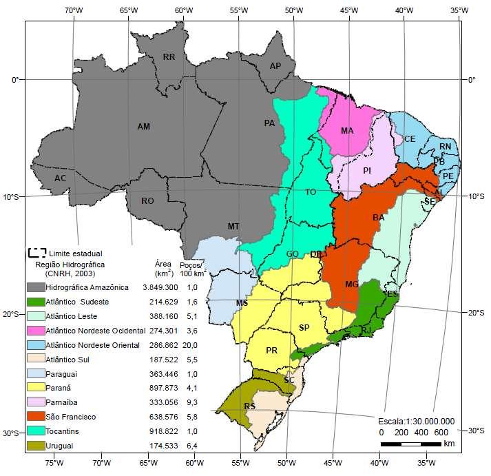 DENSIDADE DE POÇOS Mostra a distribuição dos poços existentes, por região hidrográfica (poços/100 km²), ressaltando