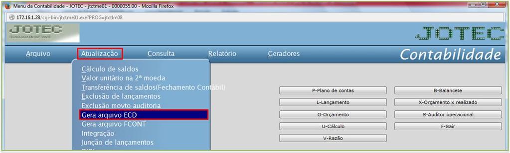 3. Gerando arquivo ECD no sistema Jotec Após estruturar no módulo de Contabilidade do Sistema Jotec, os cadastros do Plano de Contas, Aglutinadores, associação das contas da empresa com o Plano de