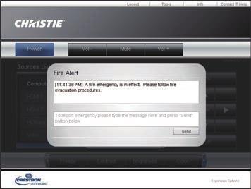 3. Controlo via internet 3.2 Crestron e-control (continuação) 3.2.5 Alerta de Emergência Quando o administrador para Crestron RoomView Express e Fusion RV envia uma mensagem de alerta, essa mensagem será apresentada no ecrã.