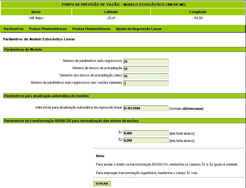 MEL foi aplicado apenas para a macro-bacia, os parâmetros de cálculo do MEL estão disponíveis apenas no ponto de previsão de vazões correspondente à usina hidrelétrica de Itaipu.