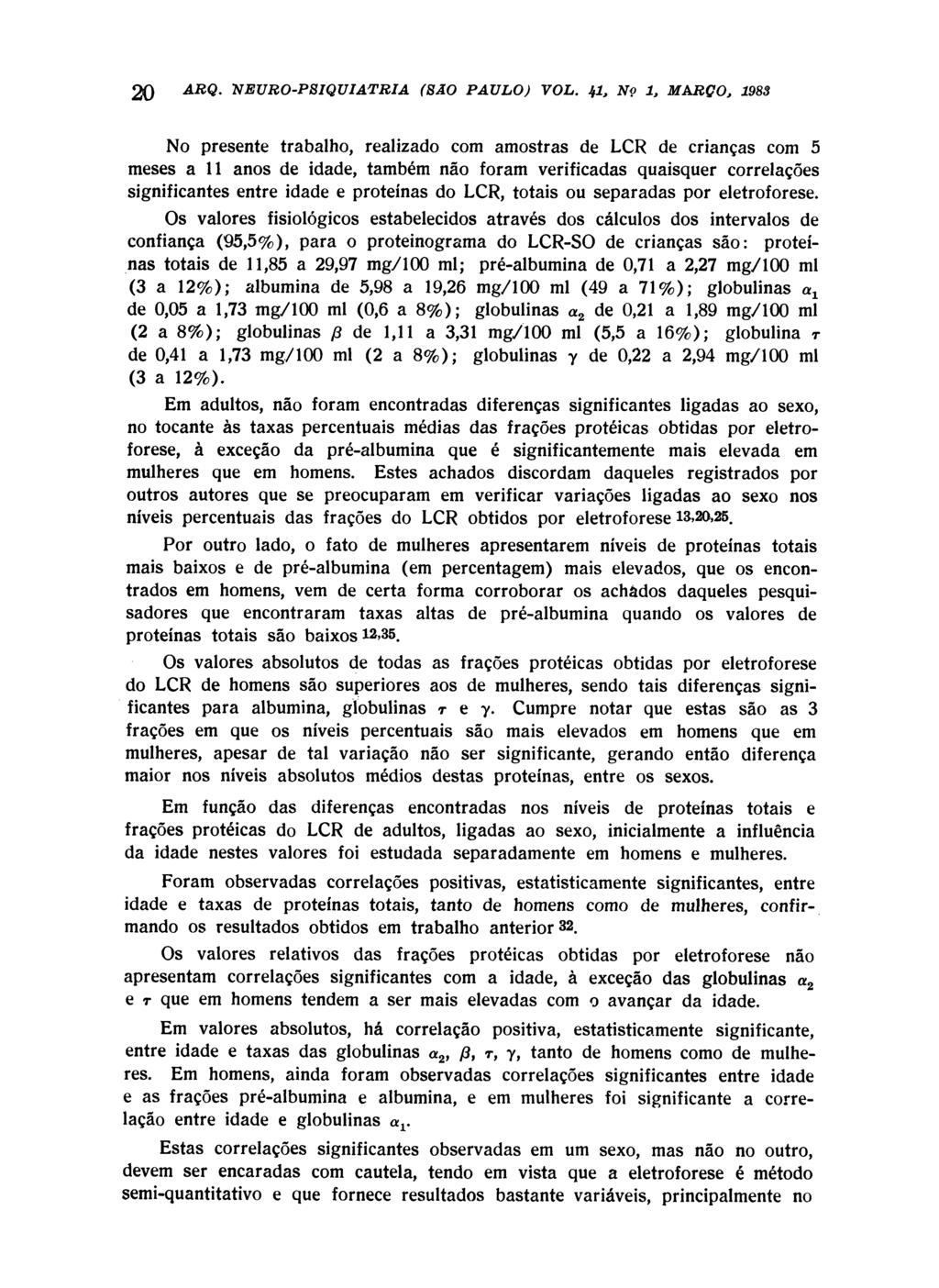 No presente trabalho, realizado com amostras de LCR de crianças com 5 meses a 11 anos de idade, também não foram verificadas quaisquer correlações significantes entre idade e proteínas do LCR, totais