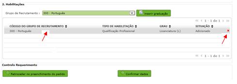 declaração de tempo de serviço a certificar, de entre as anteriormente inseridas no separador Habilitações, validando a mesma através do botão Inserir graduação.