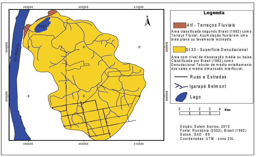 MAPEAMENTO GEOMORFOLÓGICO DA BACIA DO IGARAPÉ BELMONT PORTO VELHO RONDÔNIA Figura 3 - Geomorfologia da Bacia do Belmont, segundo dados do PLANAFLORO (RONDÔNIA, 2002). Edição: SANTOS, 2010.