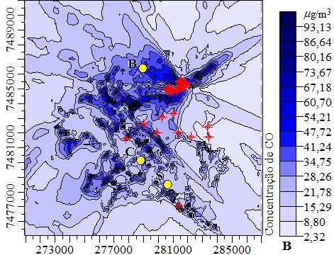 Observa-se que os máximos ocorrem em torno de 523 μg/m 3, estando muito abaixo dos padrões primário e secundário de qualidade do ar.