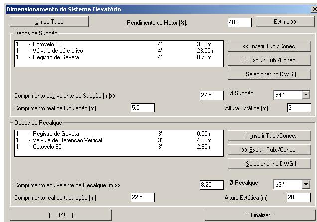 5 e 20 nos campos Comprimento real de tubulação[m] e Altura estática[m] respectivamente e clique no botão OK. OBS.