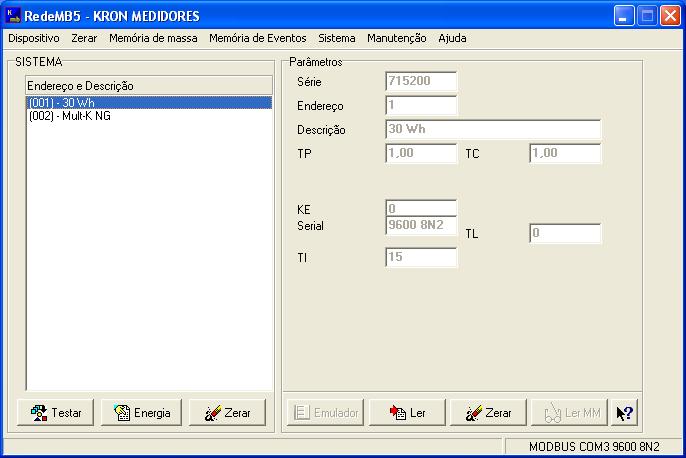Parâmetros principais do medidor Lista de medidores cadastrados Figura j Tela principal após a adição de um medidor f) Para realizar a configuração dos parâmetros TP, TC, TL e KE (equivalente ao
