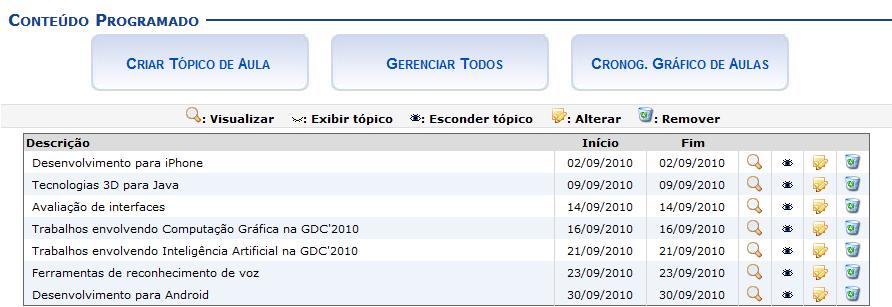 21. Conteúdo Programado Esta operação possibilitará que o usuário consulte o cronograma programado para as aulas do período letivo, que serão lecionadas para a turma virtual.