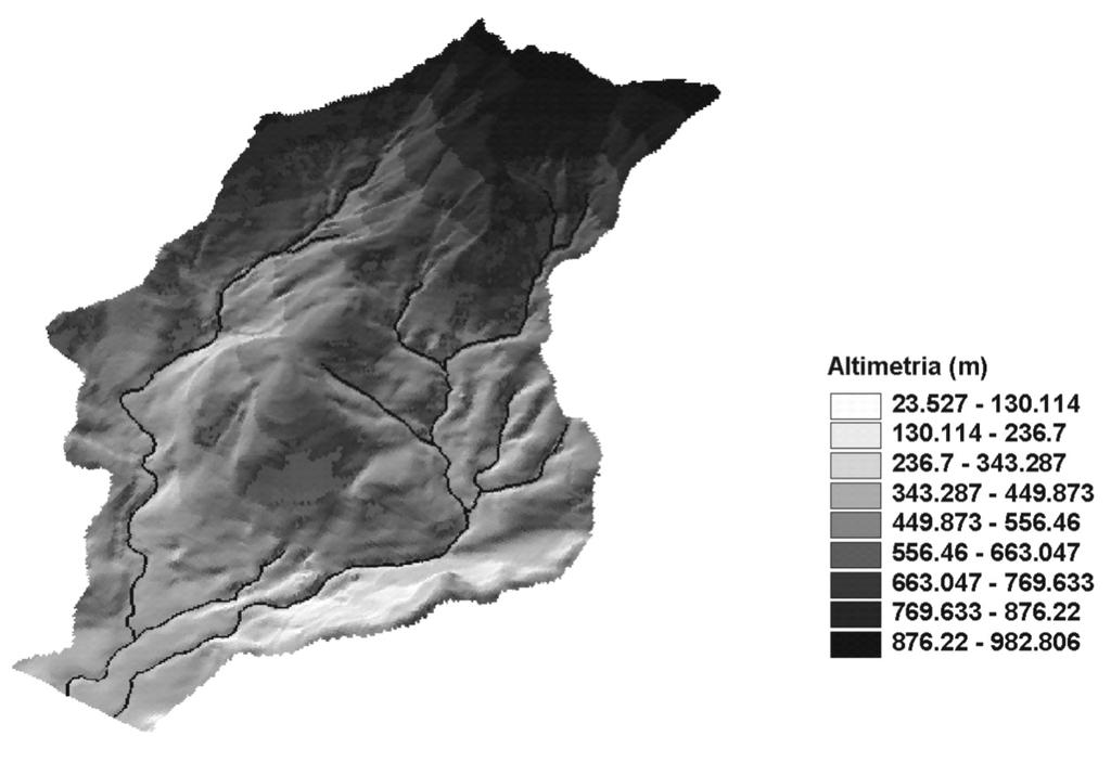 Figura 2 - Modelo Digital de Terreno (MDT) usado para a determinação das áreas de contribuição a partir das metodologias descritas (Fonte: Guimarães, 2000).