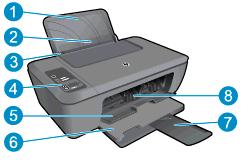 2 Conhecer o HP Deskjet 2520 series Peças da impressora Recursos do painel de controle Luzes de status Peças da impressora 1 Bandeja de entrada 2 Proteção da bandeja de entrada 3 Guia de largura do