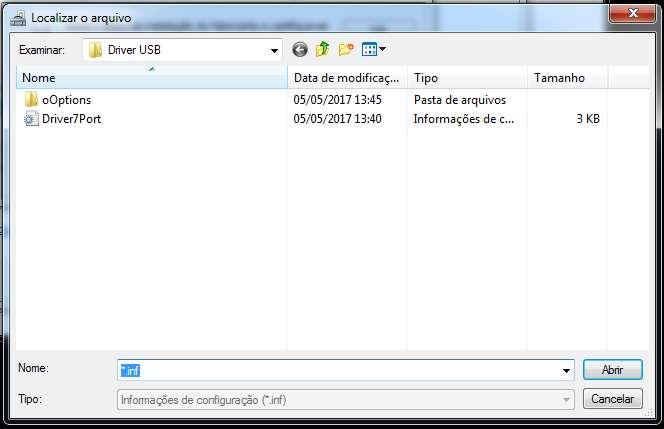 inf e manda abrir, como mostra a Figura 11; Figura 11 - Instalação do Driver USB - Passo 9 10)