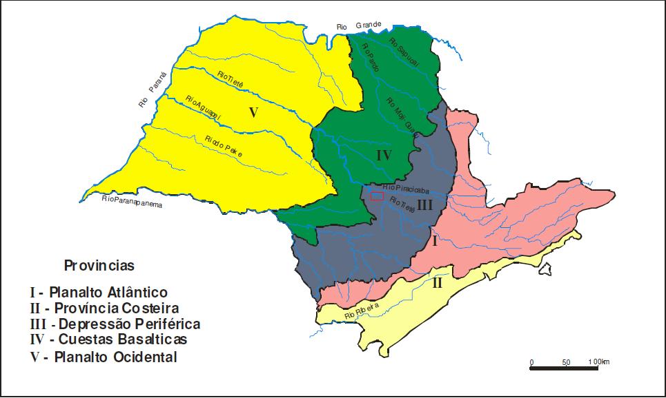 3.2 - Aspectos geomorfológicos da área de estudo De acordo com o mapa geomorfológico elaborado pelo IPT (1981), o Estado de São Paulo está dividido nas seguintes Províncias Geomorfológicas: Planalto
