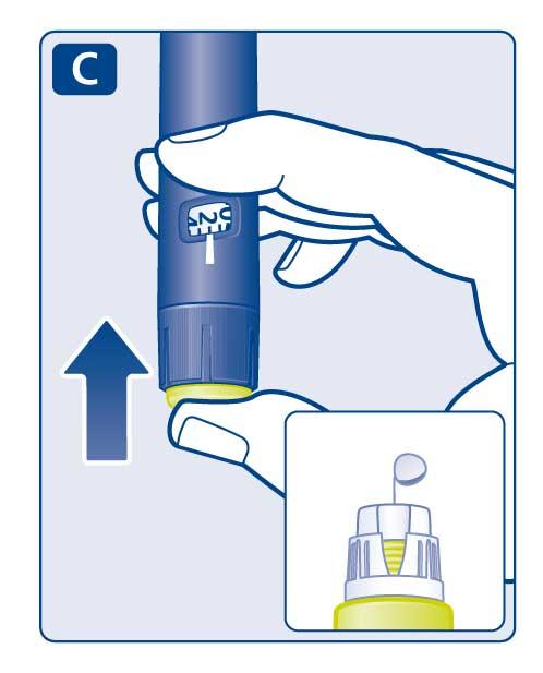 Pressione e segure o botão injetor até que o contador de dose mostre a dose 0 (zero). O 0 (zero) deve estar alinhado com o indicador da dose.