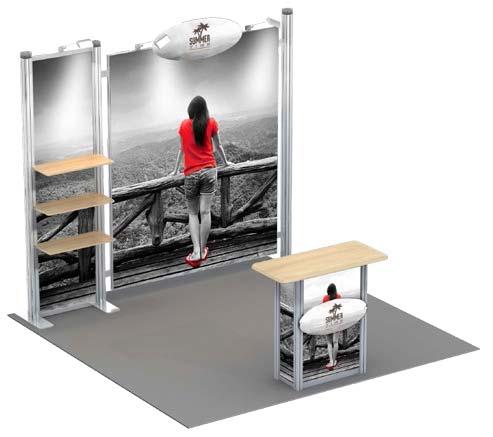 Exhibi on e s Kassel 3 Smart and elegant Exhibition System. Easy to be assembled. Printing is not included. Aluminium frame 2824x2400mm. Shelves: 3. Header Board. Spotlights (3 units). Counter.