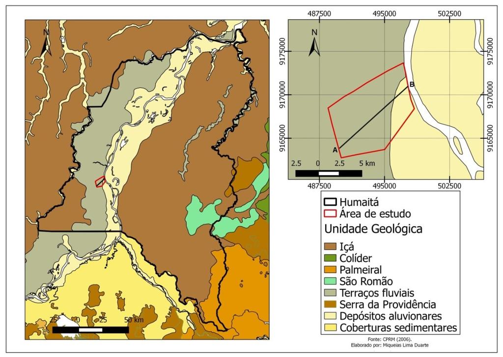 Vulnerabilidade à contaminação das águas subterrâneas 405 e pela Companhia de Abastecimento e Saneamento de Humaitá (COHASB, 2015). Figura 1. Mapa da geologia da área de estudo. Figura 2.