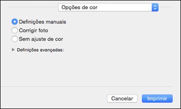 1. Selecione Compatibilidade de Cor no menu suspenso na janela de impressão. 2. Selecione uma das opções disponíveis. 3. Selecione Opções de cor no menu suspenso na janela de impressão.