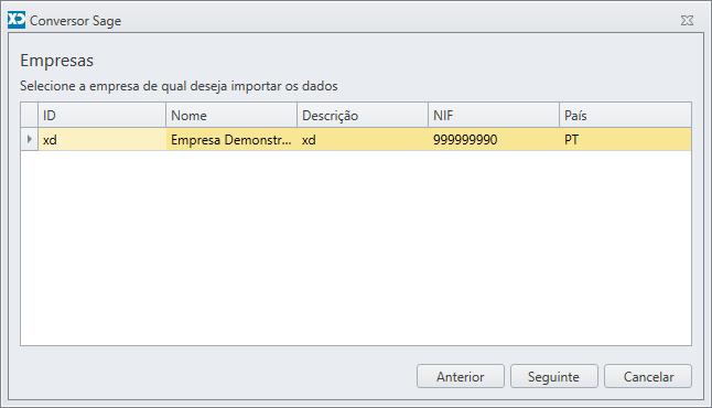 1. Seleção de Empresa Ao iniciar o conversor Sage deverá selecionar a empresa da qual pretende importar os dados. 2.