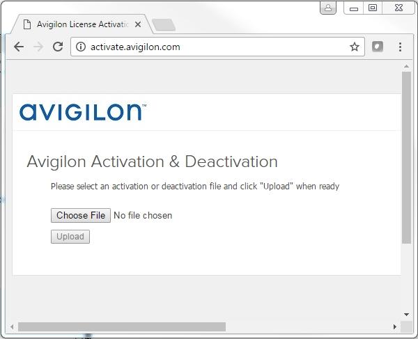 8. Abra um navegador da web e vá para http://activate.avigilon.com. Figura 3: A Avigilon página da web da ativação da licença 9. Navegue até o local do seu arquivo.key e clique em Carregar.