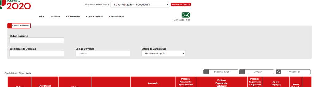 O menu Conta Corrente dá acesso a uma página de pesquisa de todas as candidaturas disponíveis que remeterá para o ecrã dos Pedidos